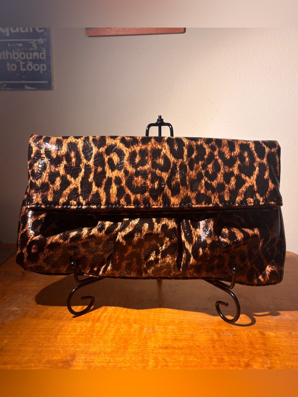 Steve Madden Leopard Print Fold-Over Clutch - Brown/Black - Patent Leather-Like